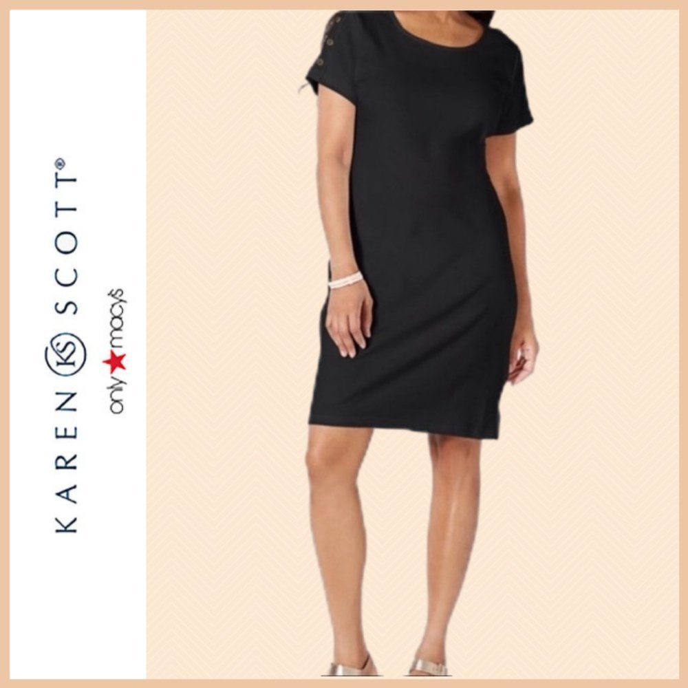 Karen Scott Petite Black Short Sleeve Button-Shoulder Dress NWT